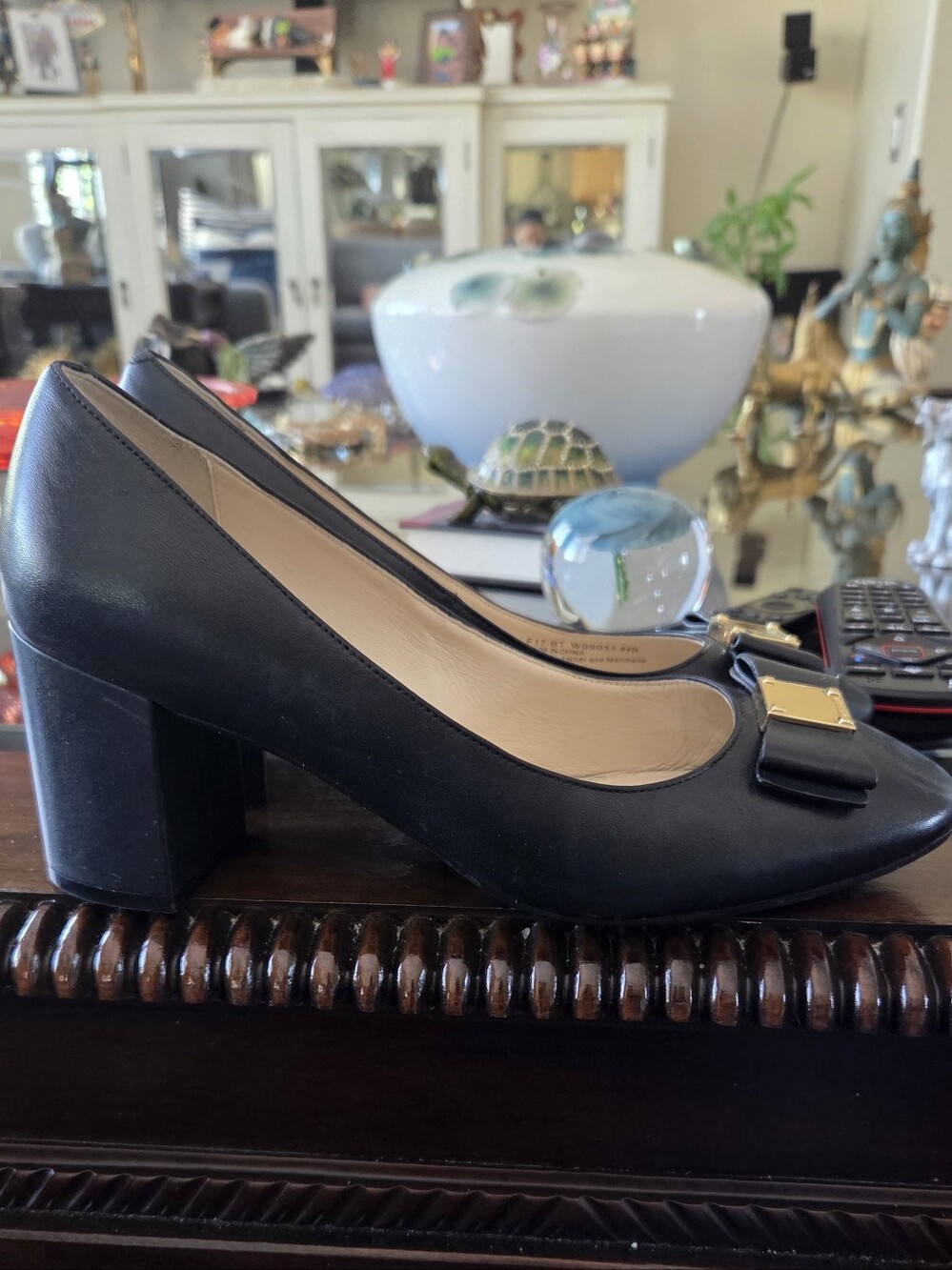 Cole Haan Black Block 3"  Heel Pump with Bow and Gold Accent